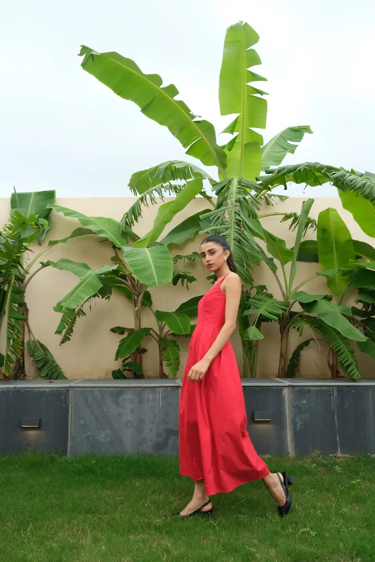 Pleated Midi Dress Red