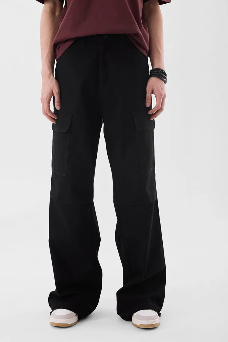 Black Mid Rise Loose Fit Cargo Pants