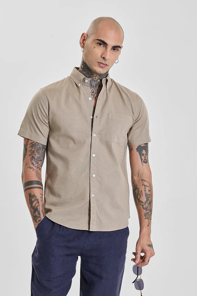 Khaki Solid Slim Fit Button Down Shirt