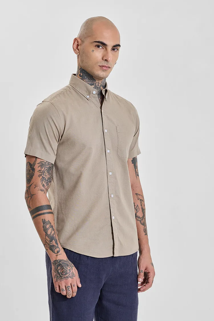Khaki Solid Slim Fit Button Down Shirt