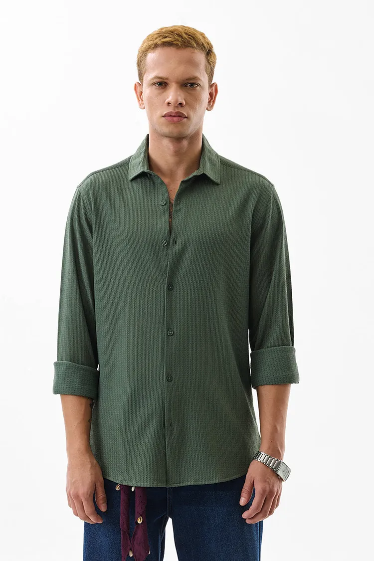 Dark Green Textured Slim Fit Shirt