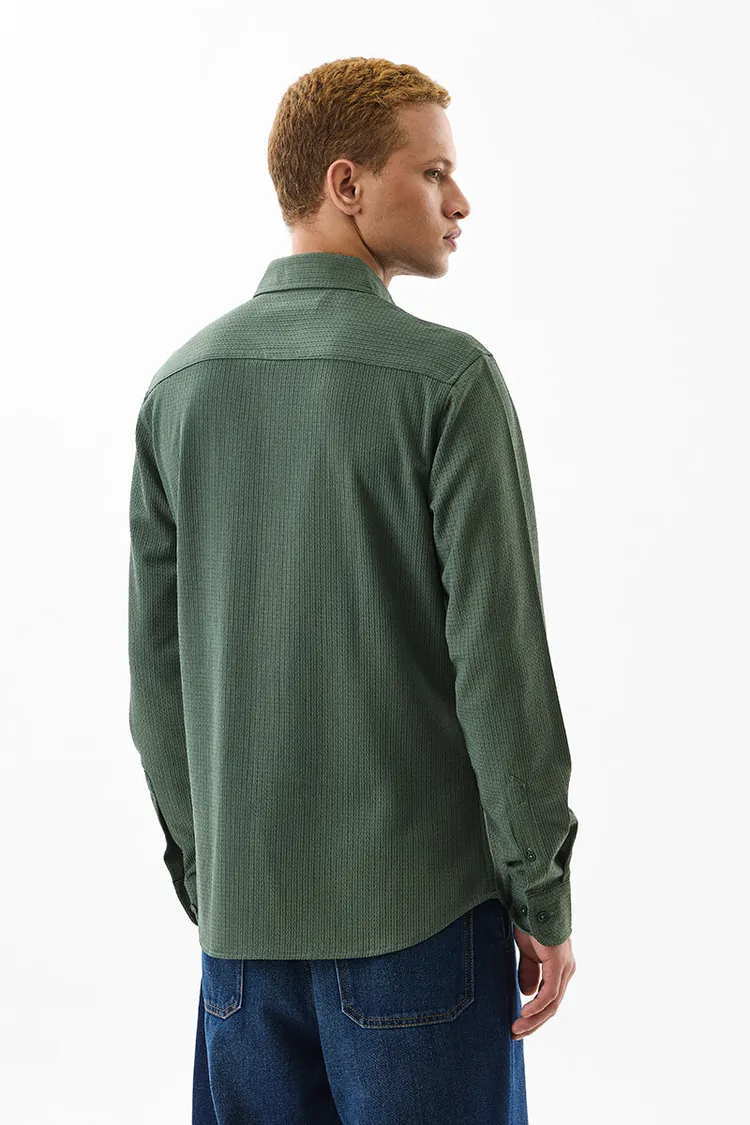 Dark Green Textured Slim Fit Shirt