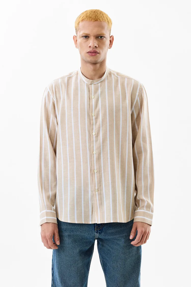 Regular Fit Linen Blend Stripes Beige Shirt