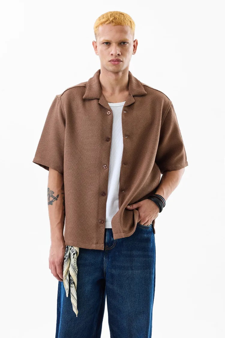 Oversized Fit Textured Brown Shirt