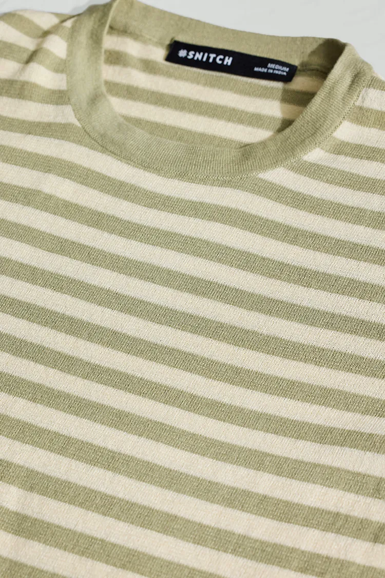 Snitch Olive Stripes Slim Fit T-Shirt