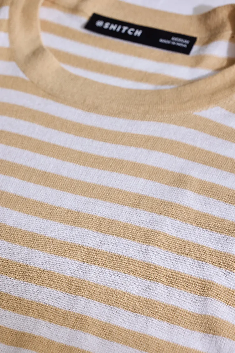 Snitch Beige Stripes Slim Fit T-Shirt