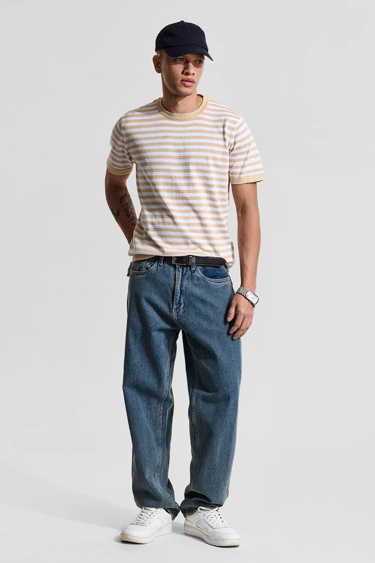 Snitch Beige Stripes Slim Fit T-Shirt