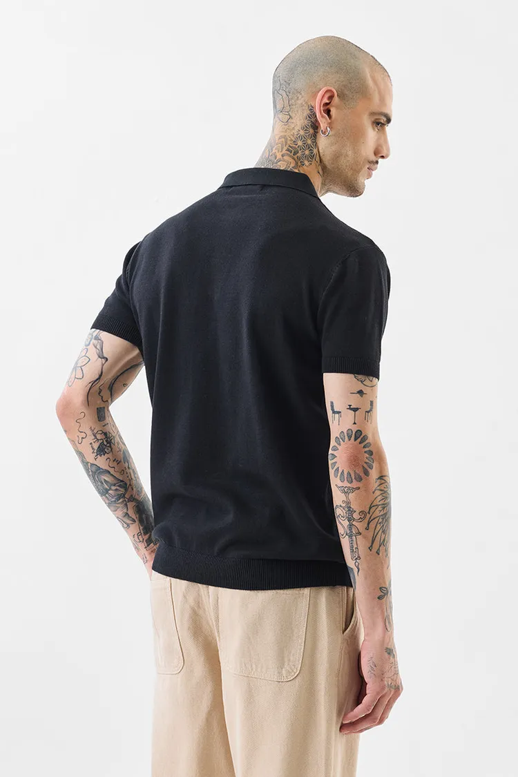 Slim Fit Cotton Knitted Black Polo T-Shirt