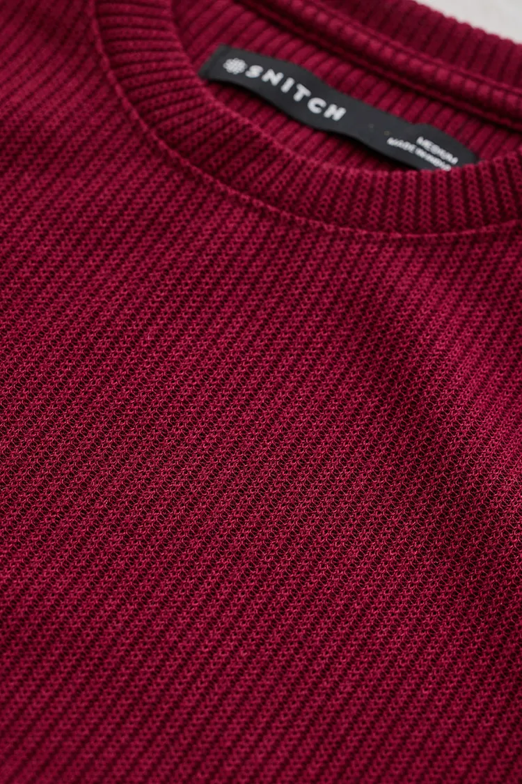 Maroon Textured Regular Fit T-Shirt