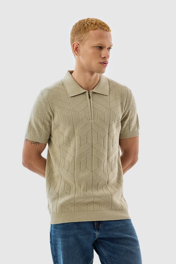 Beige Textured Polo Slim Fit T-Shirt
