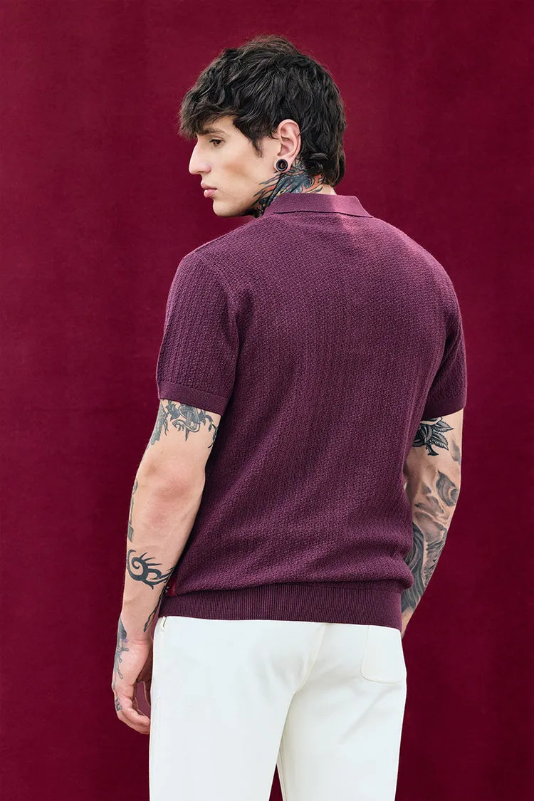 Snitch Bordeaux Burgundy Textured Relaxed Fit Polo T-Shirt