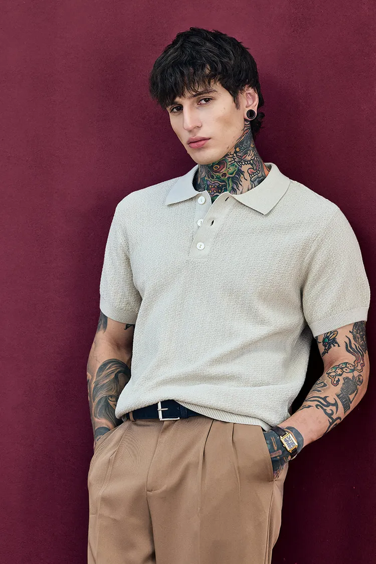 Snitch Bordeaux Beige Textured Relaxed Fit Polo T-Shirt