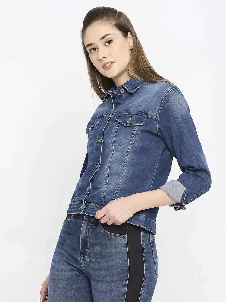 Spykar Women Dark Blue Lycra Regular Fit Denim Jacket