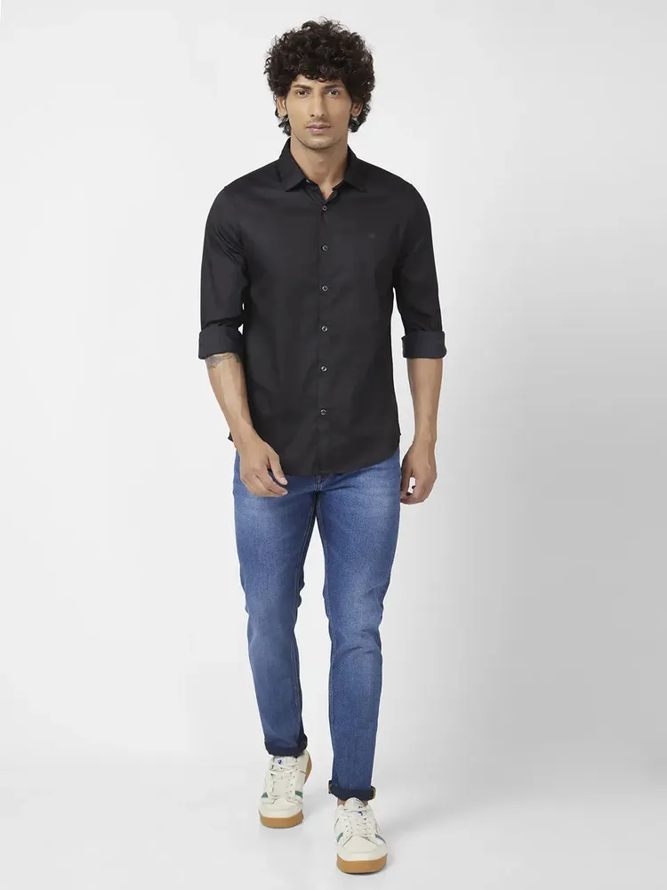 Spykar Men Black Dyed Regular Slim Fit Full Sleeve Plain Shirt
