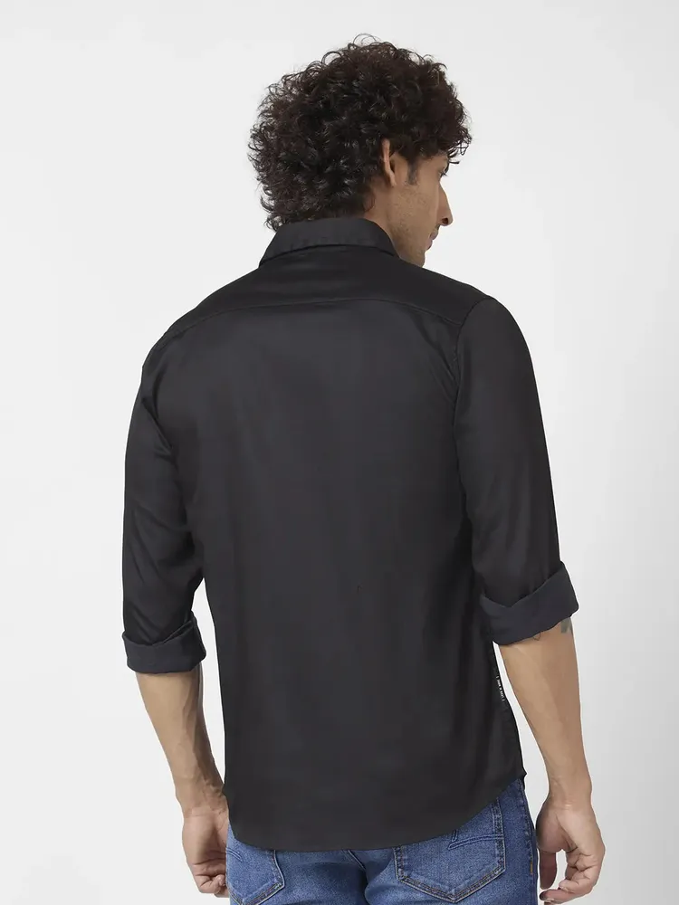 Spykar Men Black Dyed Regular Slim Fit Full Sleeve Plain Shirt