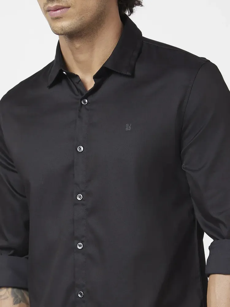 Spykar Men Black Dyed Regular Slim Fit Full Sleeve Plain Shirt