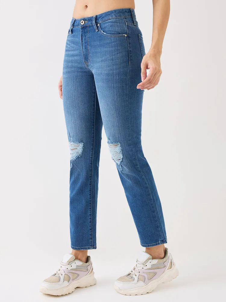 Spykar Mid Blue High Rise Wide Leg Casual Jeans For Women