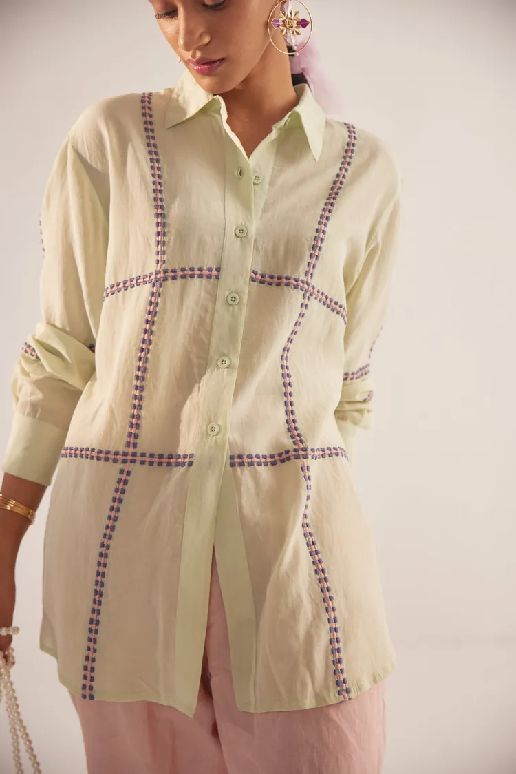 Green Line Embroidered Oversized Shirt