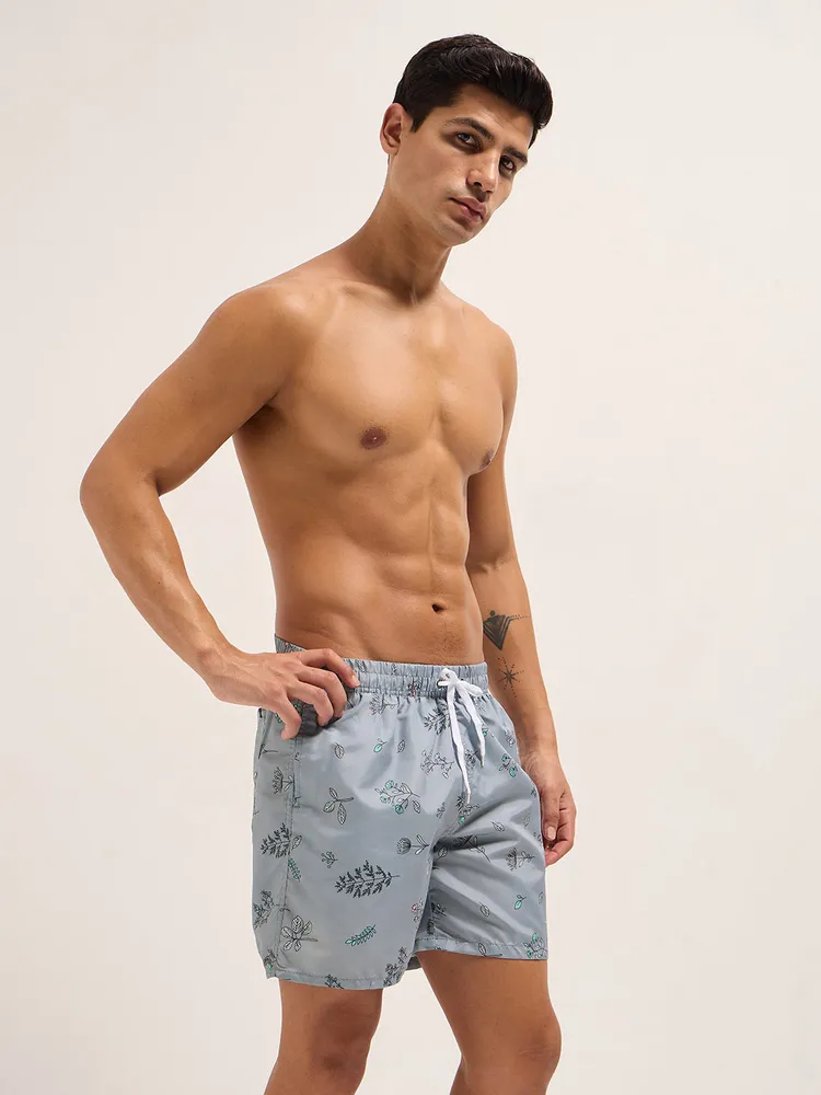 Grey Printed Swim Shorts with Elastic Waist – Perfect for Summer