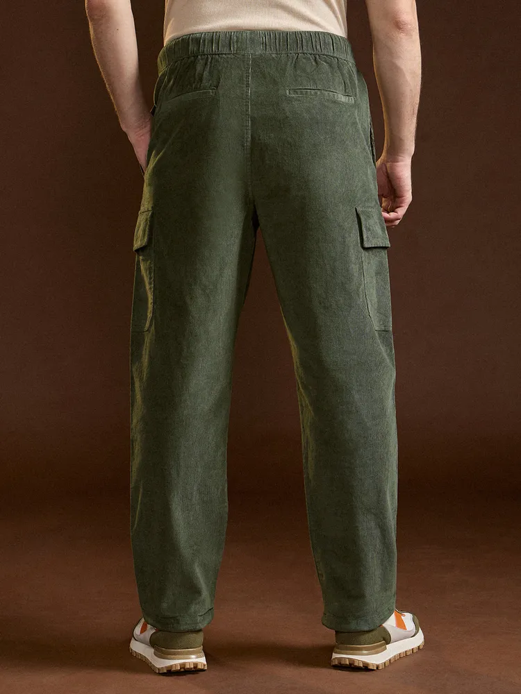 Green Solid Baggy Fit Stylish Corduroy Cargo Pant