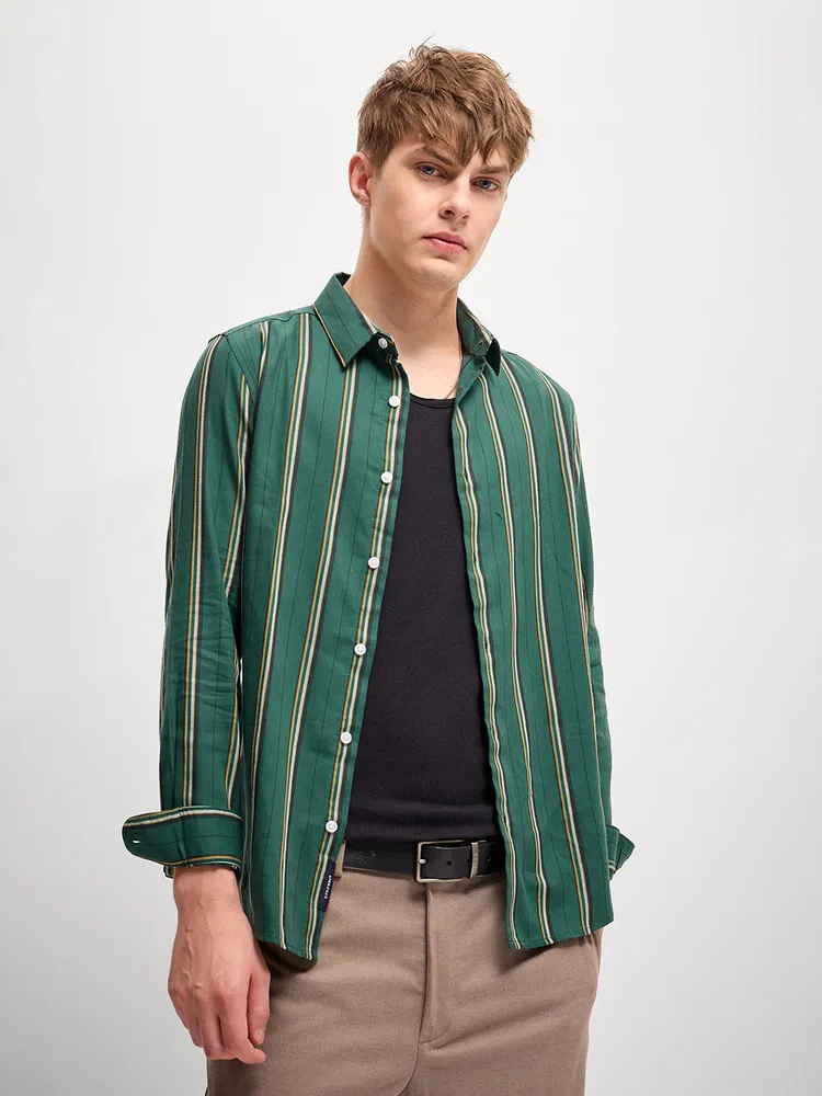 Green Stripe Slim Fit Casual Shirt