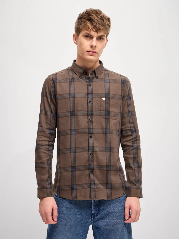 Brown Checked Slim Fit Casual Shirt