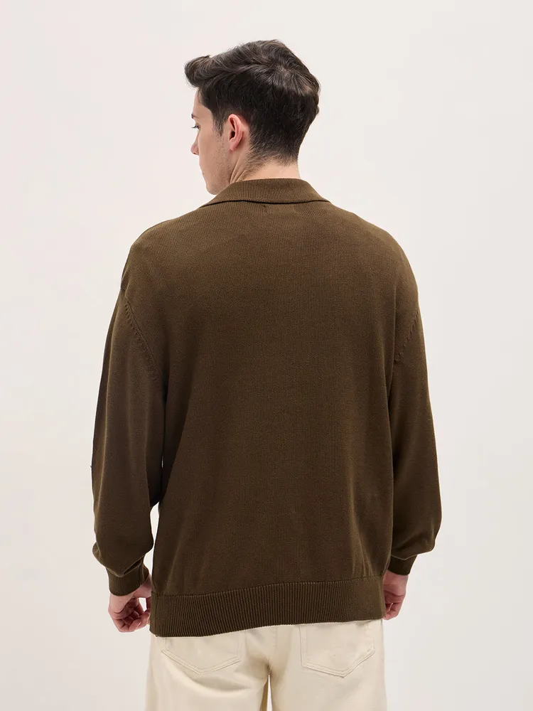 Brown Textured Knit Relaxed Fit Polo with a Stylish Open Placket