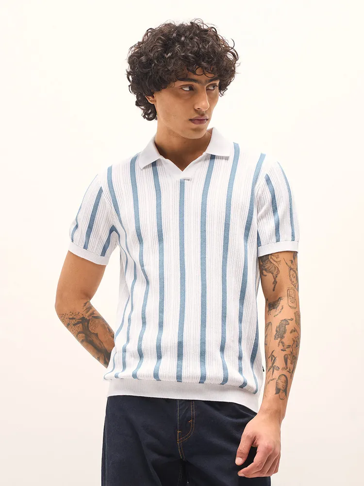 Blue and White Vertical Knitted Stripes Slim Fit Polo