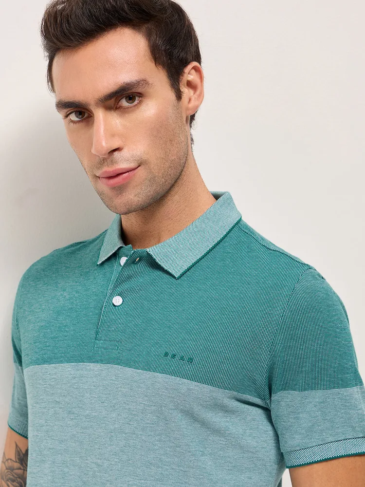 Teal Slim Fit Polo with Tonal Color-Block Design