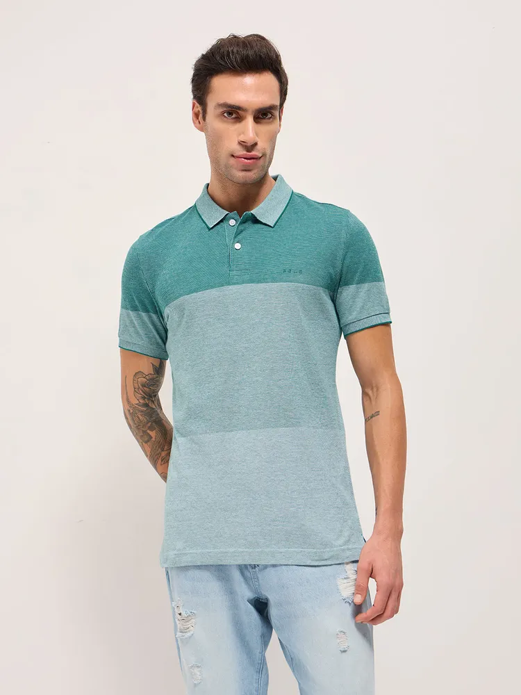 Teal Slim Fit Polo with Tonal Color-Block Design
