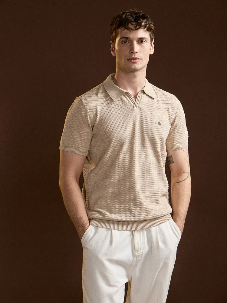 Beige Textured Slim Fit V-Notch Style Polo