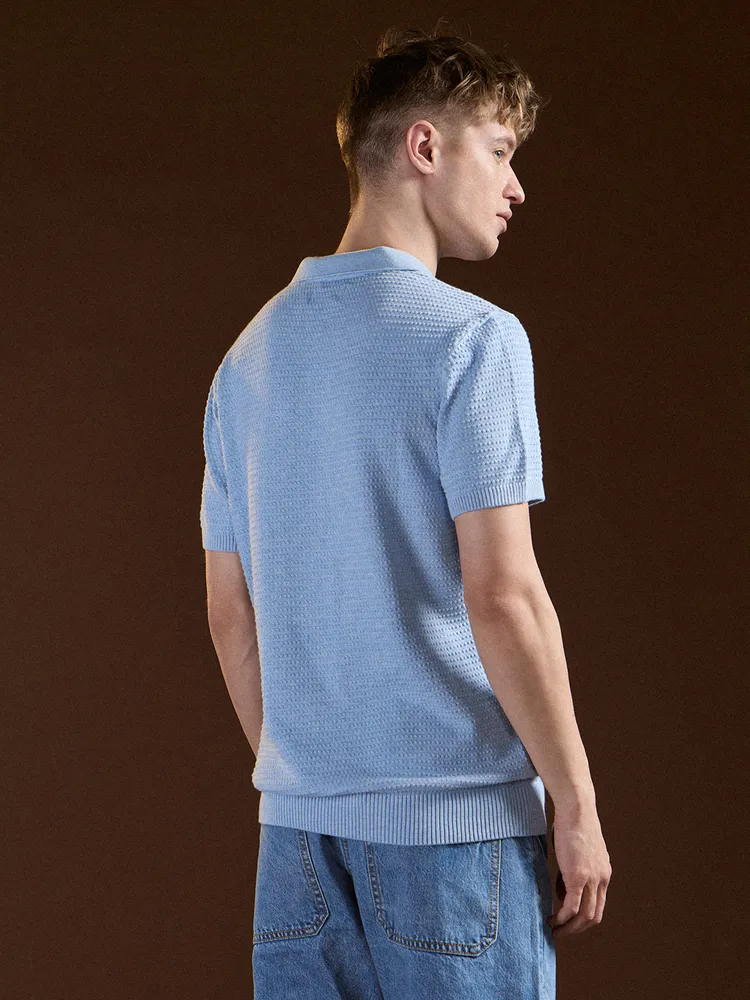 Blue Textured Slim Fit V-Notch Style Polo