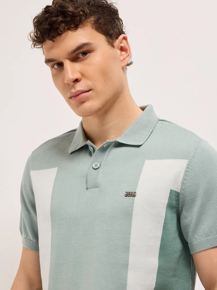 Multicolor Regular Fit Colorblock Flat Knit Polo with Metal Logo