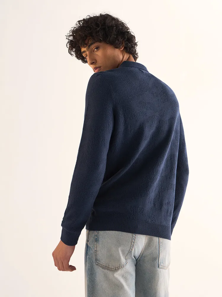Navy Blue Textured Knit Slim Fit Polo with V-Neck Opening