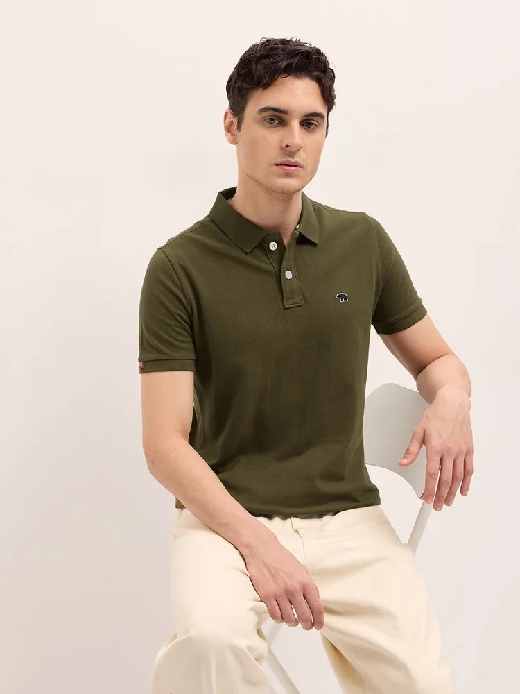 Dark Green Solid Regular Fit Polo with Embroidered Chest Logo