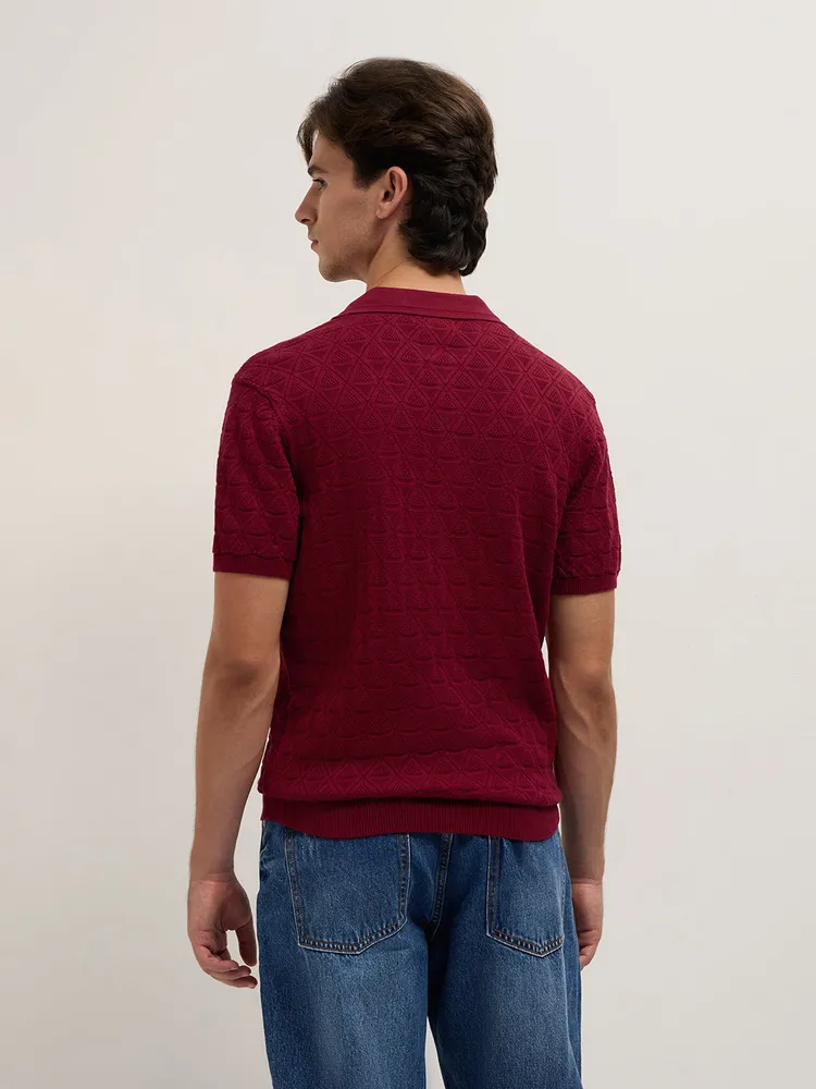 Maroon Textured Knit Design Regular Fit Polo with Zipper Placket