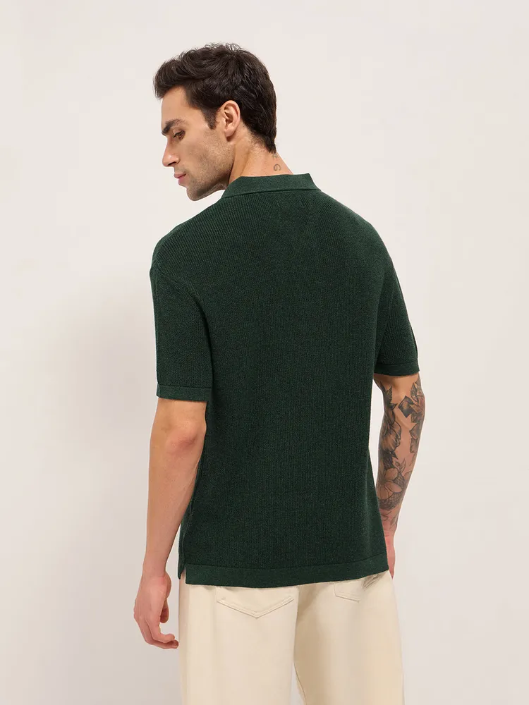 Green Textured Knit Relaxed Fit Polo with Button Placket