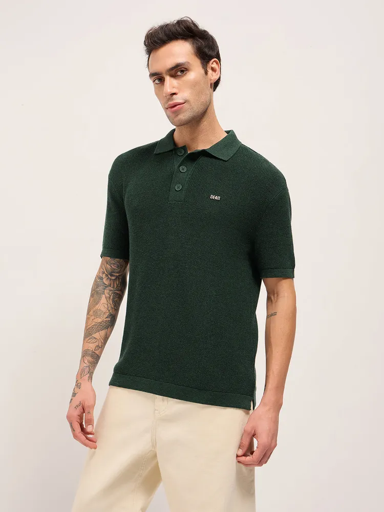 Green Textured Knit Relaxed Fit Polo with Button Placket