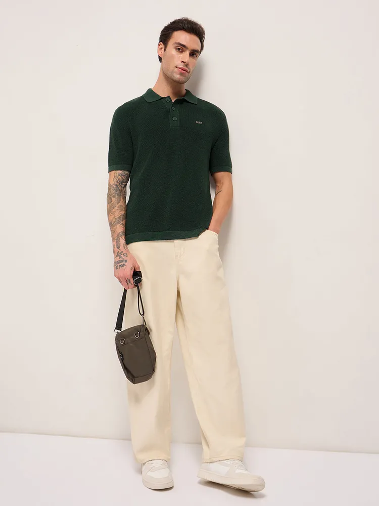 Green Textured Knit Relaxed Fit Polo with Button Placket