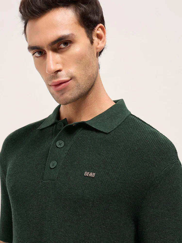 Green Textured Knit Relaxed Fit Polo with Button Placket