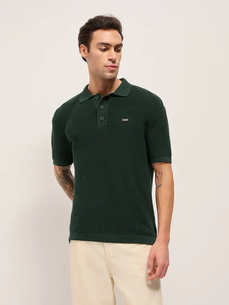 Green Textured Knit Relaxed Fit Polo with Button Placket