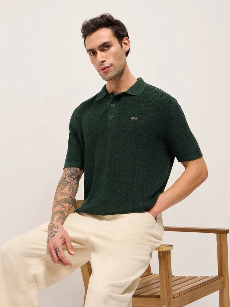 Green Textured Knit Relaxed Fit Polo with Button Placket