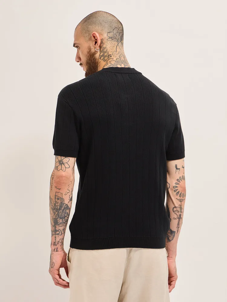 Black Textured Knit Striped Design Regular Fit Henley Neck T-Shirt