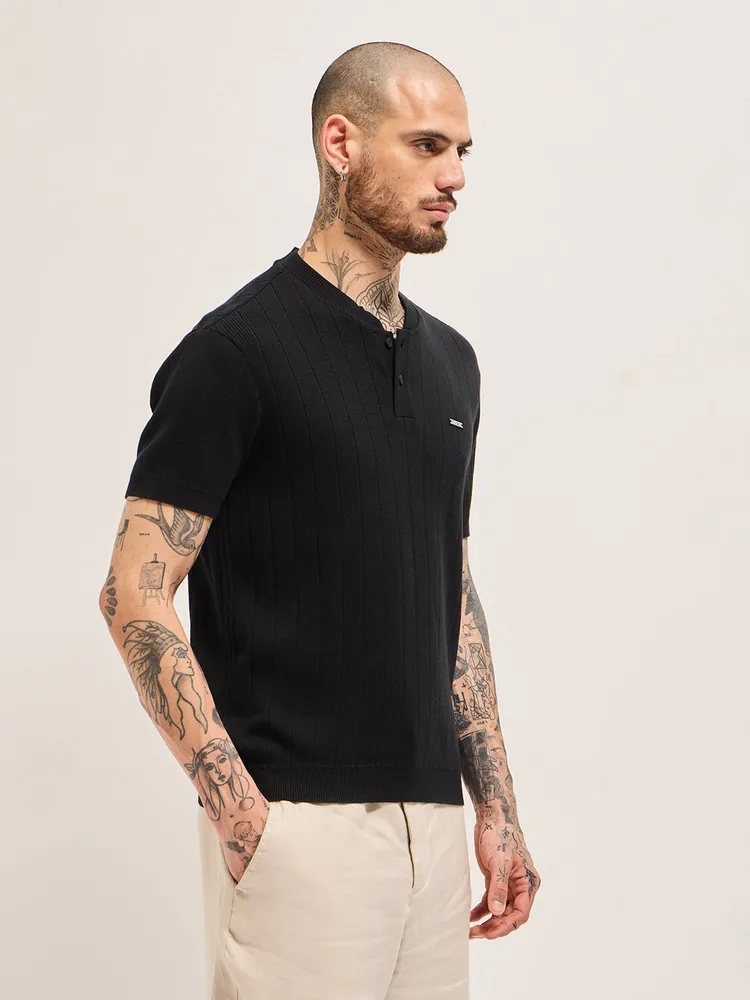 Black Textured Knit Striped Design Regular Fit Henley Neck T-Shirt
