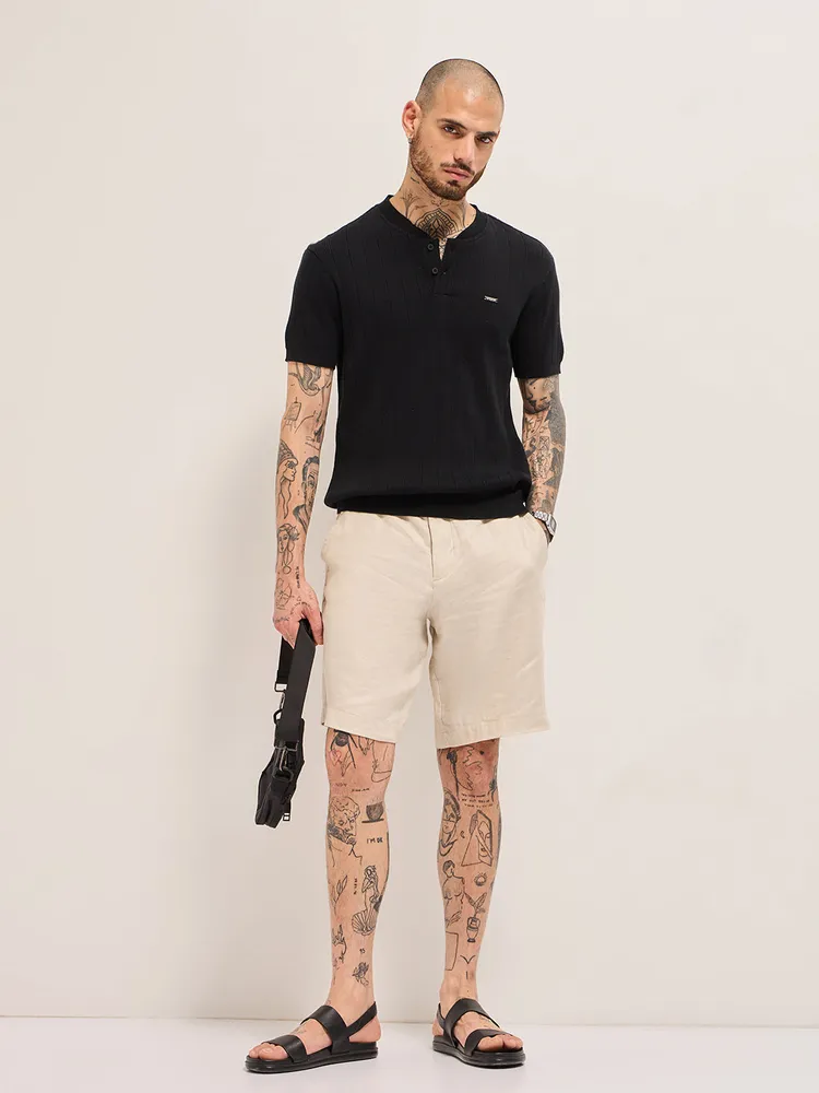 Black Textured Knit Striped Design Regular Fit Henley Neck T-Shirt