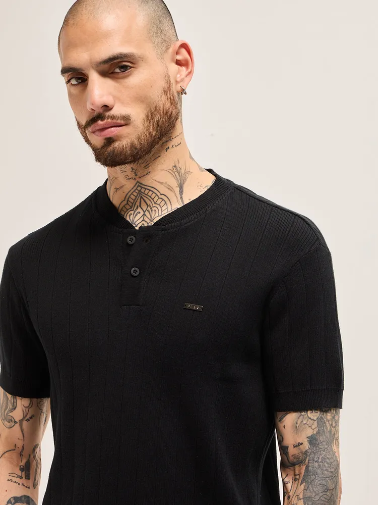 Black Textured Knit Striped Design Regular Fit Henley Neck T-Shirt
