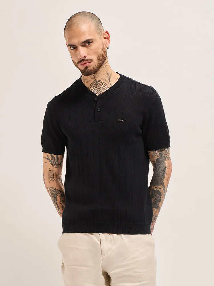 Black Textured Knit Striped Design Regular Fit Henley Neck T-Shirt