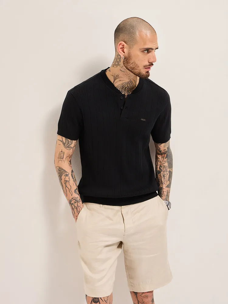 Black Textured Knit Striped Design Regular Fit Henley Neck T-Shirt
