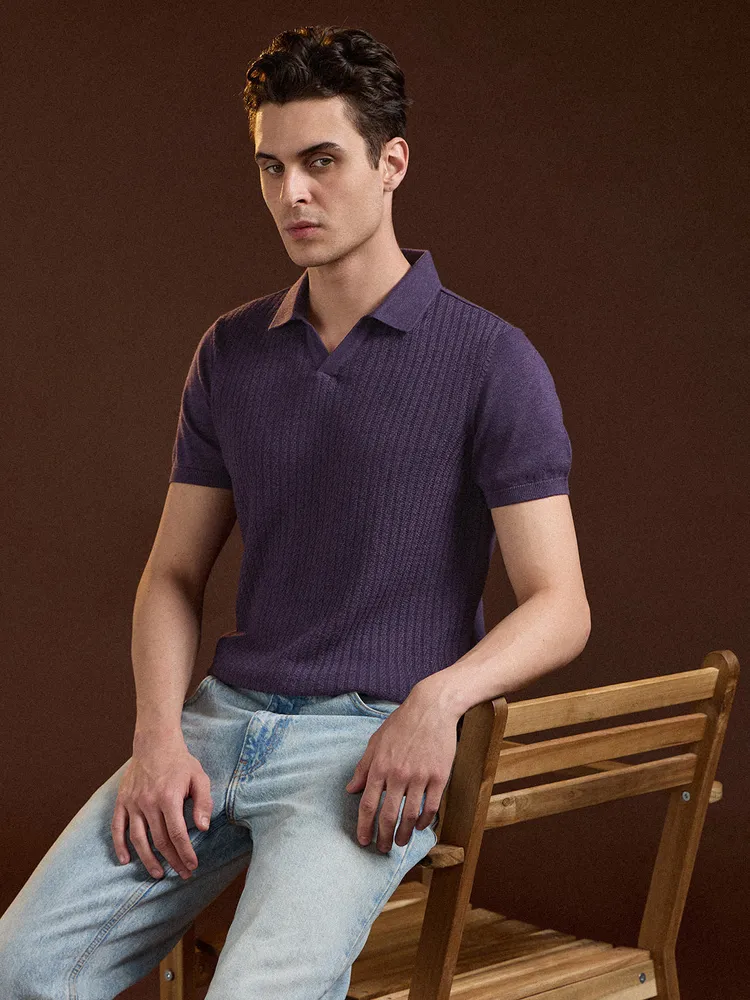 Purple Ribbed Texture Design Slim Fit Polo