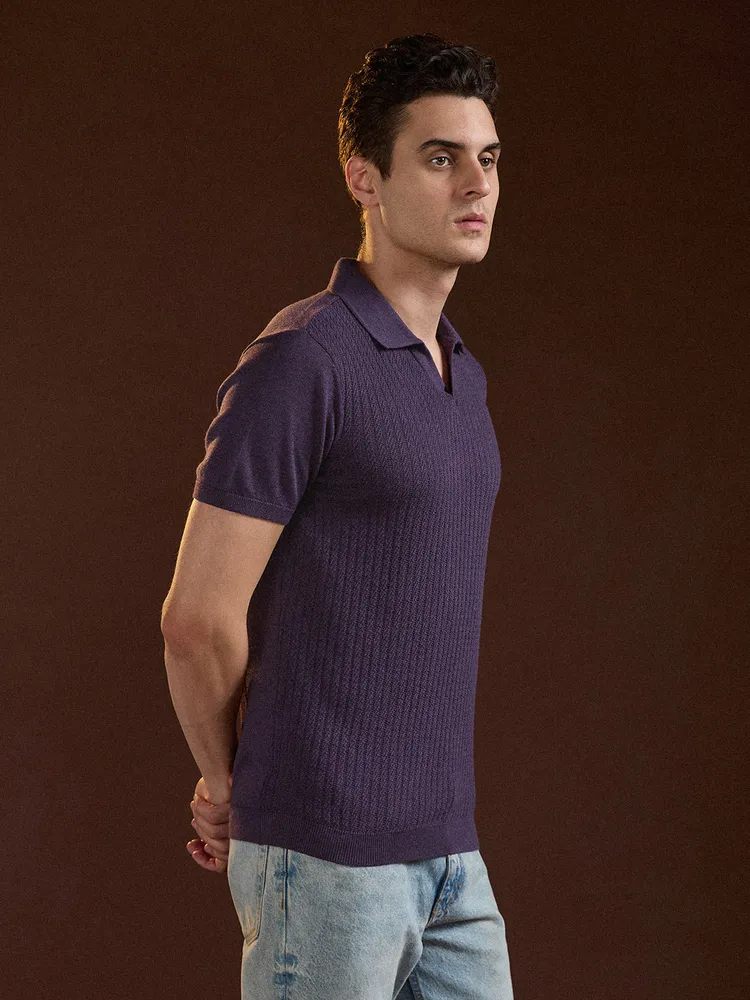 Purple Ribbed Texture Design Slim Fit Polo